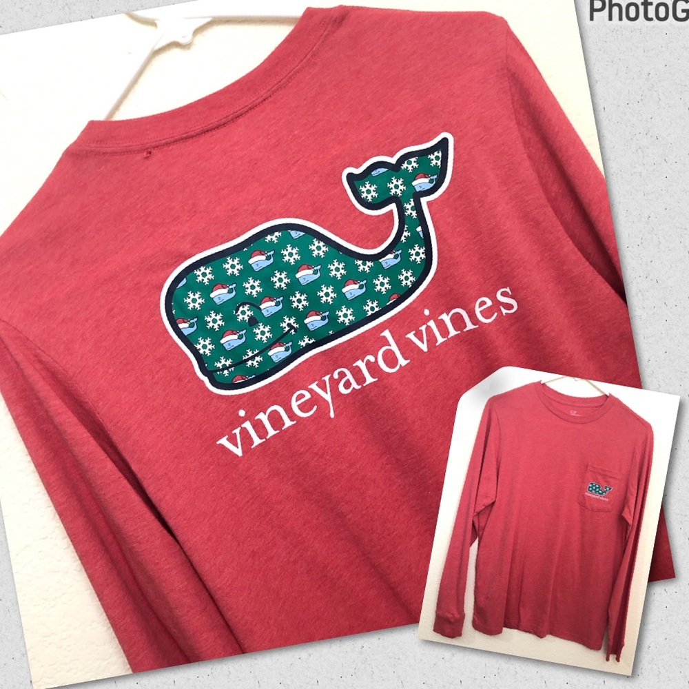 VINEYARD VINES Girls Large (16) Santa Hat Whale Christmas Long Sleeve Tee FLAW